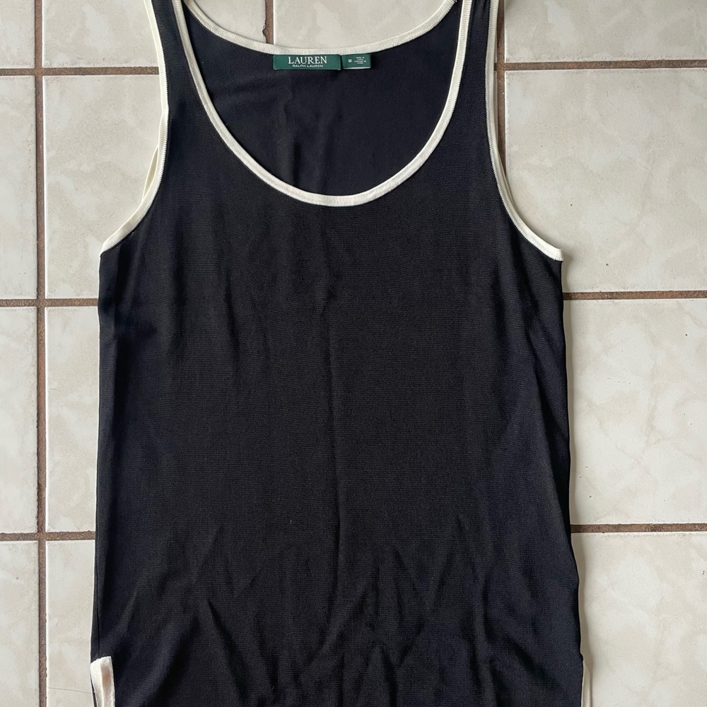 Ralph Lauren Black Viscose Tank Top with Cream Trim, dressy, workwear like new!
